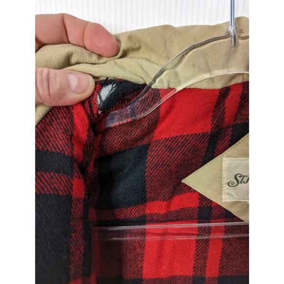 Vintage 80's Men's  St Johns Bay Tan Utility Vest Buffalo Plaid Lining SEE Meas. - Picture 10 of 11